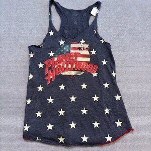 Planet Hollywood Women's Graphic Blue Tank Top White Stars Racerback Large